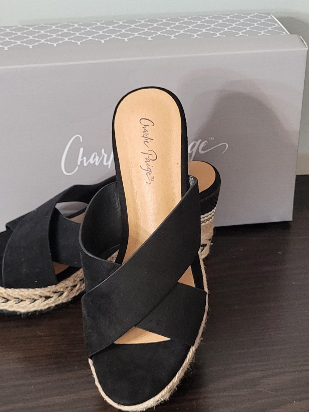 Charlie Paige Black Crisscross Espadrille Wedge Slides